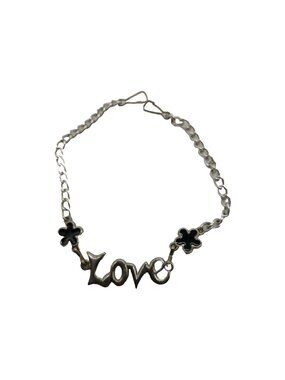 Vintage Love Silver Tone Bracelet Chain 14" Blue Flowers 1970s
